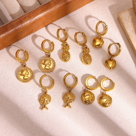 Boucles d'oreilles créoles pour femmes, style rétro, forme irrégulière, motif fruit, en acier inoxydable, étanches, couleur or, collection Simple Series