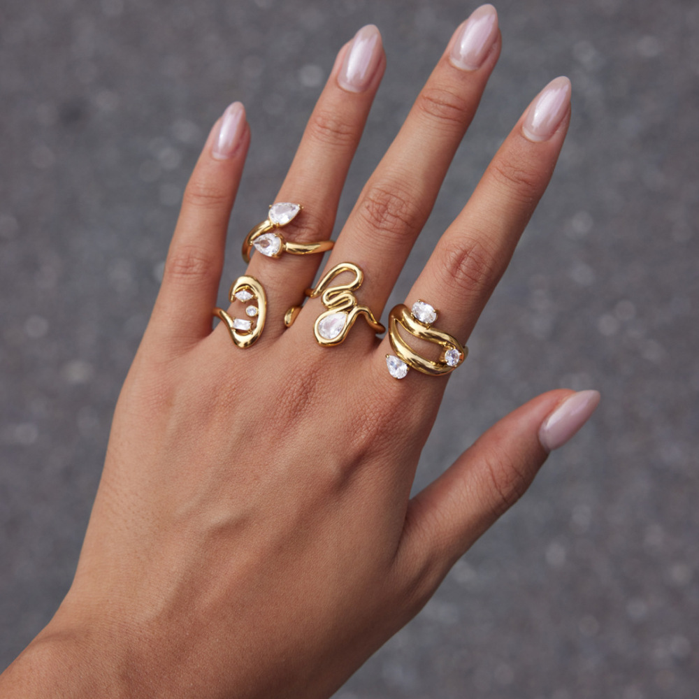 Bagues Pour Femmes En Acier Inoxydable, Couleur Or, Avec Zircon Et Lignes Simples Et Irrégulières. Image4