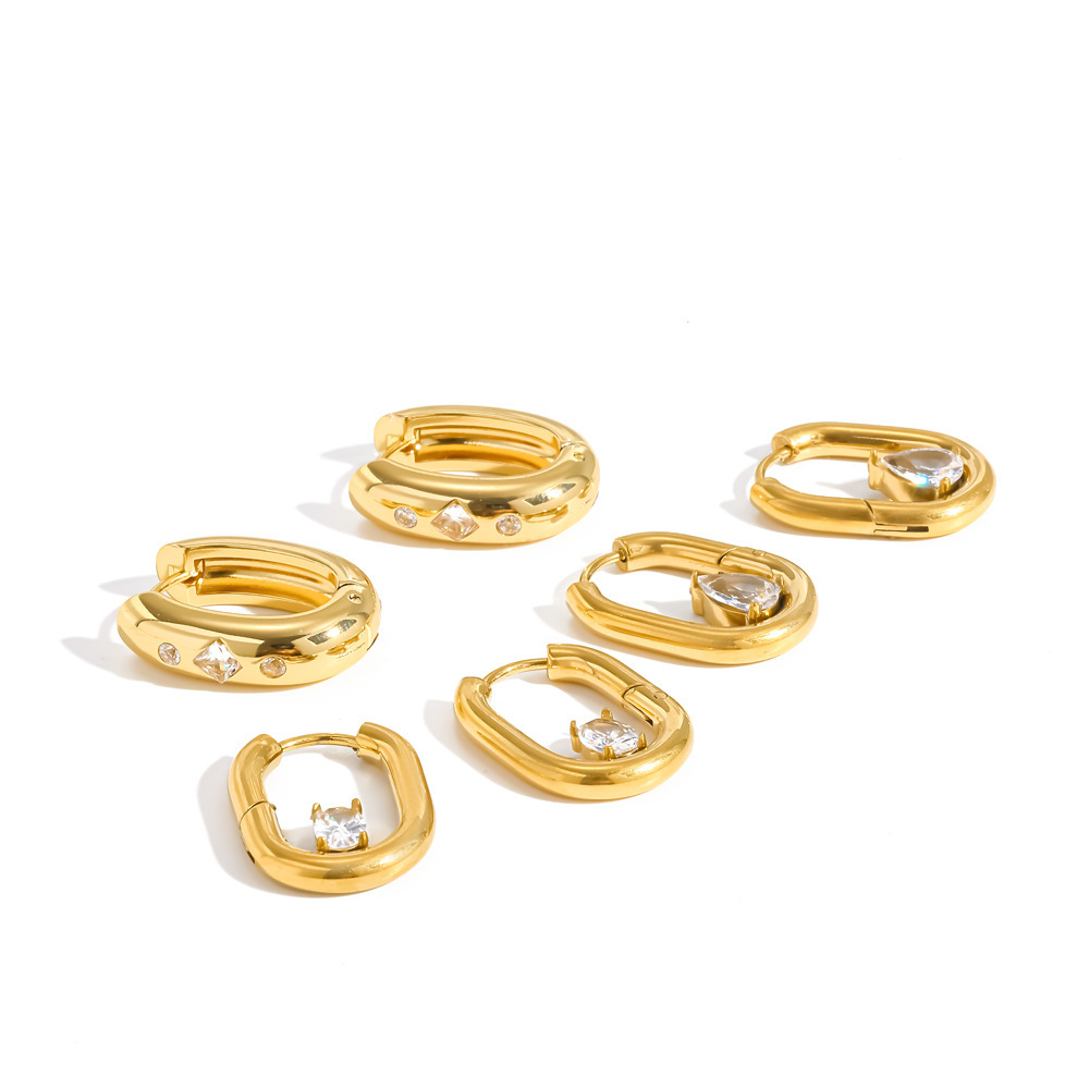 Boucles D'Oreilles Créoles Pour Femmes En Acier Inoxydable Doré, Étanches Et En Forme De U, Ornées De Strass. Image4