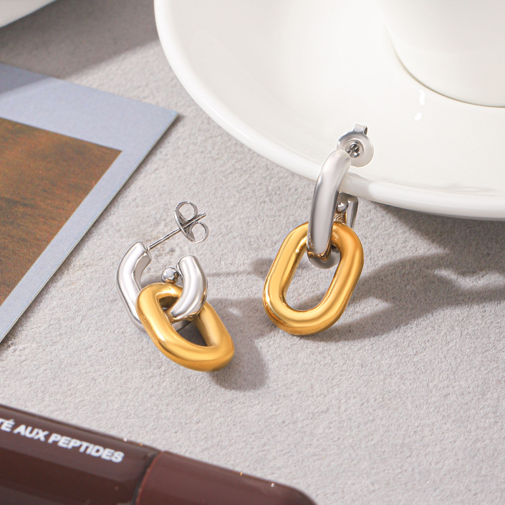 Boucles D'Oreilles Puces Pour Femmes, En Acier Inoxydable, Couleur Or, Forme Elliptique, Collection Simple Series Daily. Image5