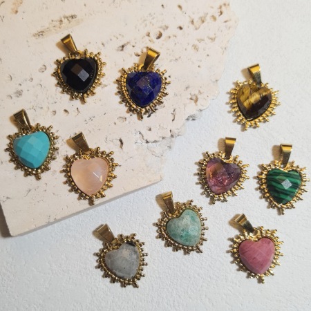 Pendentifs pour femmes en forme de cœur, pierres naturelles, acier inoxydable couleur or 2