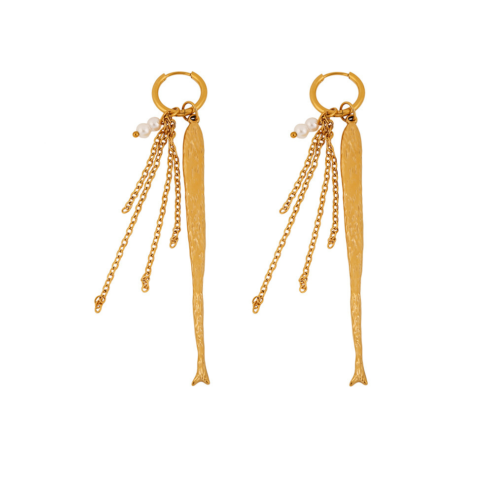 Boucles D'Oreilles Pendantes Pour Femmes, Style Rétro, Pompon, En Acier Inoxydable, Couleur Or, Étanches, Avec Motif Poisson Et Pompon. Collection Simple. Image4