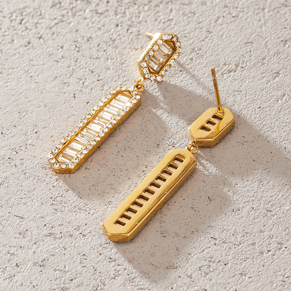 Boucles D'Oreilles Pendantes Pour Femme, Élégantes Et Rectangulaires, En Acier Inoxydable, Étanches, Couleur Or, Avec Zircon. Collection Simple. Image3
