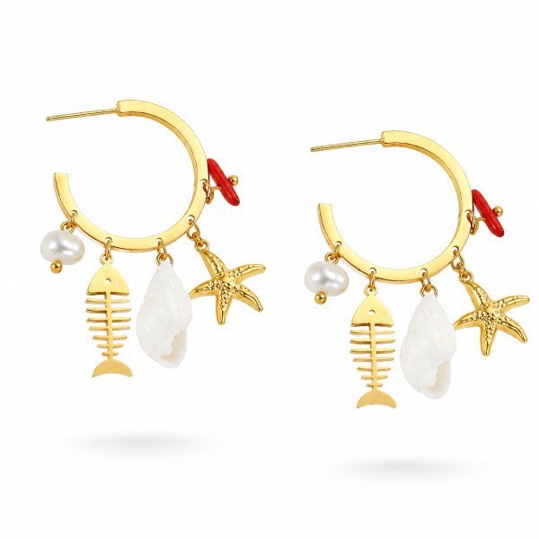 Boucles D'Oreilles Pendantes Pour Femme, Style Océanique, Motif Poisson, Étoile De Mer Et Corail, En Acier Inoxydable Étanche, Collection Simple Series. Image5