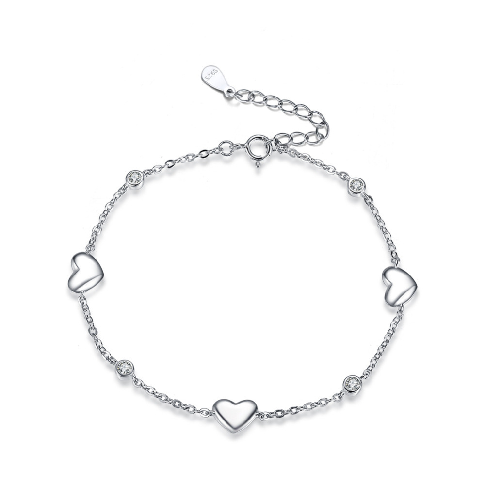 Bracelet En Argent Sterling 925 Plaqué Rhodium, Collection Simple Series Sweet Heart Chain, Pour Femme. 