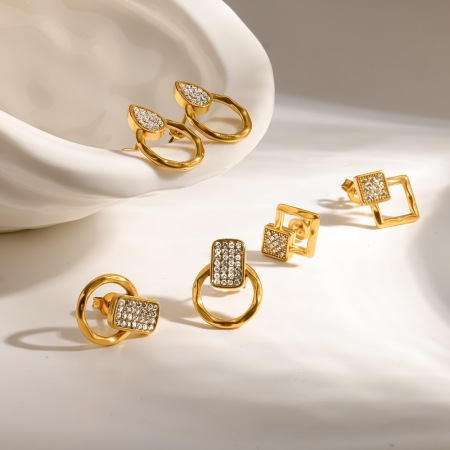 Boucles d'oreilles puces pour femmes, forme géométrique, en acier inoxydable, étanches, couleur or, ornées de strass. 2