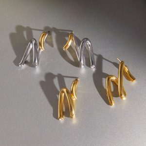 Boucles D'Oreilles Puces Pour Femmes, Collection Simple Series Daily, Lignes Irrégulières, En Acier Inoxydable Étanche, Couleur Or h5 Image2
