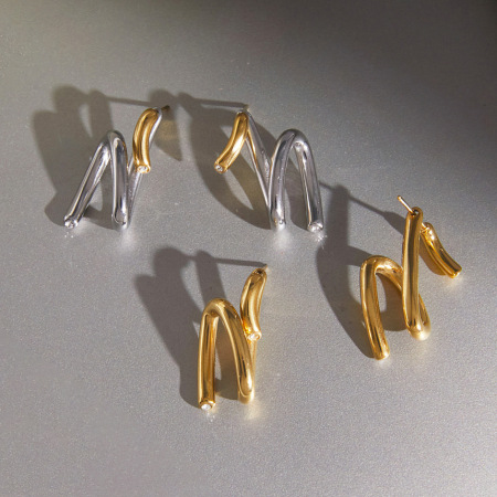 Boucles d'oreilles puces pour femmes, collection Simple Series Daily, lignes irrégulières, en acier inoxydable étanche, couleur or 2