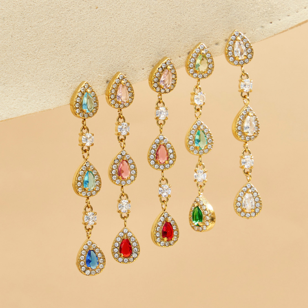 Boucles D'Oreilles Pendantes Pour Femme, En Acier Inoxydable Doré, Ornées De Zircon Et De Pierres De La Série Luxueuse Droplet Image4