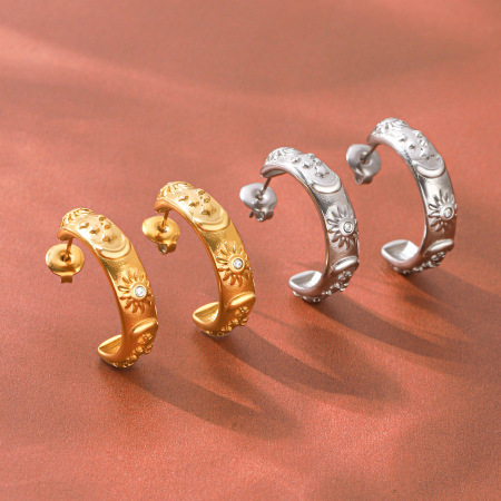 Boucles d'oreilles puces pour femmes, collection rétro, motif soleil, étoile et lune, en acier inoxydable, couleur or, avec zircon.