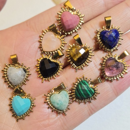 Pendentifs pour femmes en forme de cœur, pierres naturelles, acier inoxydable couleur or