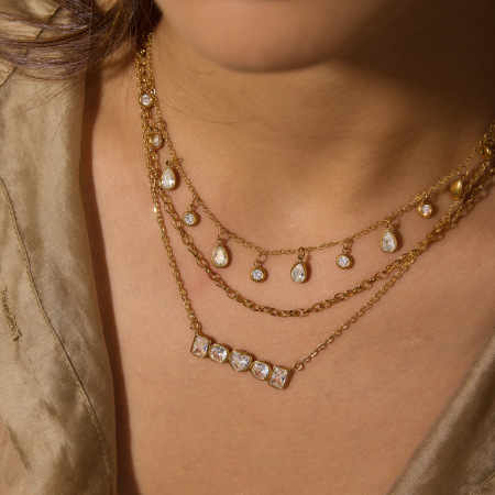 Colliers à maillons pour femmes, en acier inoxydable, couleur or, zircon, forme géométrique simple et luxueuse 2