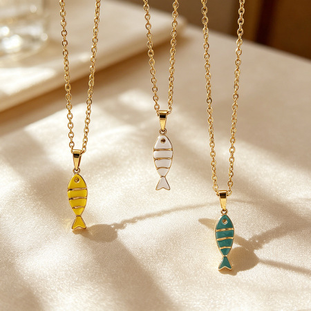 Colliers pendentifs pour femmes en acier inoxydable, couleur or, avec pendentif poisson en émail simple