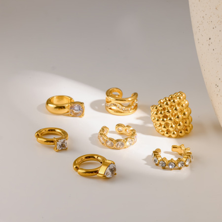 Boucles d'oreilles manchette pour femmes en acier inoxydable étanche, couleur or, ornées de strass 2