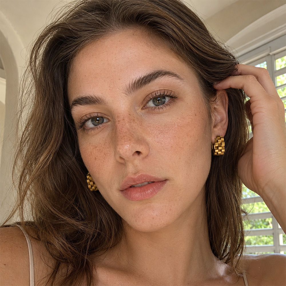 Boucles D'Oreilles Puces Pour Femmes, Collection Simple, Lignes Décontractées Et Irrégulières, En Acier Inoxydable Étanche, Couleur Or Image3