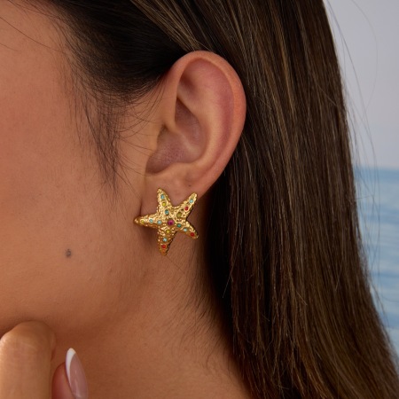 Boucles d'oreilles clous en acier inoxydable imperméable couleur or, série romantique Daily Star Star, en forme d'étoile de mer.