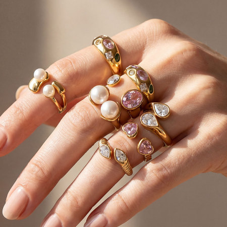 Bagues pour femmes en acier inoxydable étanche, forme irrégulière, ornées de zircon et serties de pierres précieuses, collection Luxe.