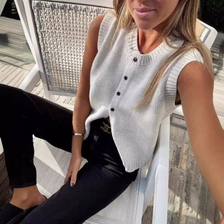 Gilet tricoté minimaliste uni à col rond pour femme 2
