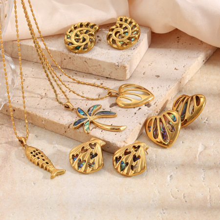 Ensembles de bijoux pour femmes en acier inoxydable doré, style océan romantique, motif coquillages