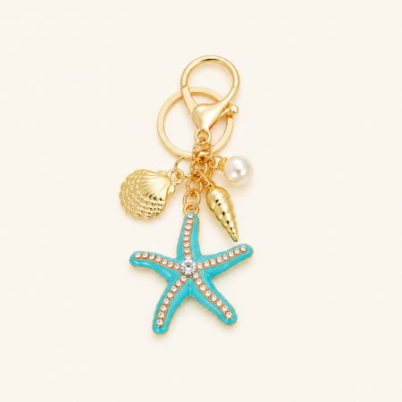Porte-clés étoile de mer en métal et strass, style océan, couleur unie naturelle, collection Luxueuse