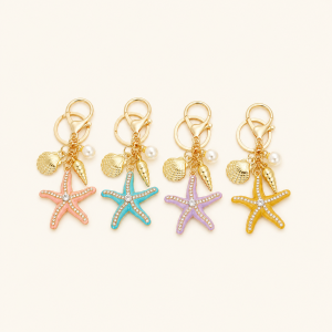 Porte-Clés Étoile De Mer En Métal Et Strass, Style Océan, Couleur Unie Naturelle, Collection Luxueuse h5 Image2