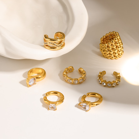 Boucles d'oreilles manchette pour femmes en acier inoxydable étanche, couleur or, ornées de strass