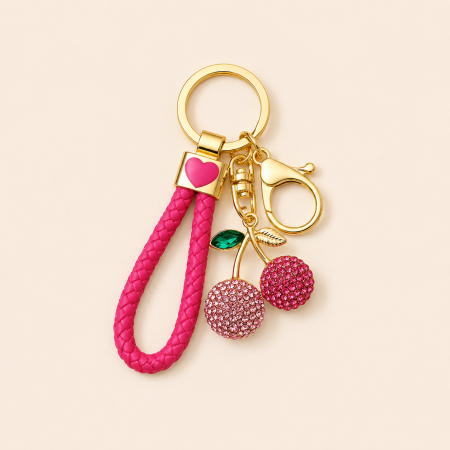 Porte-clés luxueux en alliage de strass, motif cerises multicolores, collection Sweet Mixed Cherry.