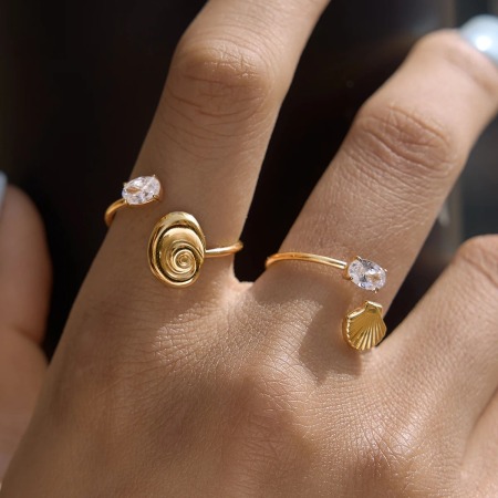 Bagues pour femmes en acier inoxydable étanche, forme coquillage, couleur or, serties de zircon et inspirées de l'océan 2