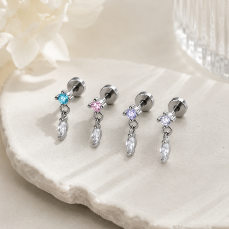 Boucles d'oreilles piercing femme en cuivre et zircon, forme géométrique simple