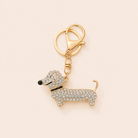 Porte-clés teckel mignon uni en alliage et strass, collection Luxe Series.