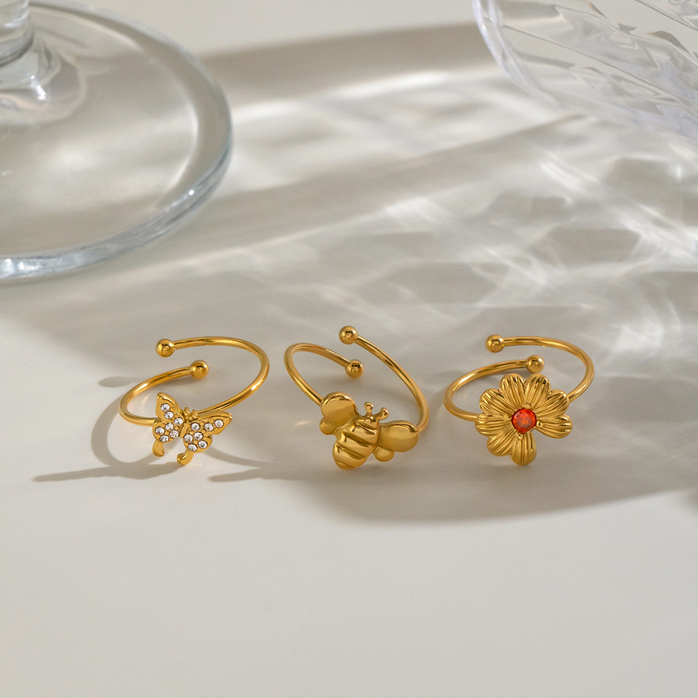 Ensemble De Bagues Pour Femmes En Acier Inoxydable Doré, Étanches, En Forme De Fleur Et De Papillon Image6