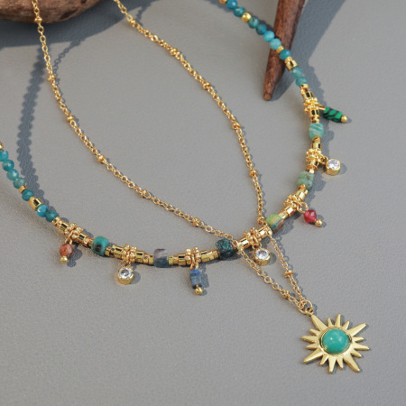 Colliers de perles rétro pour femmes, ornés de pierres naturelles et de motifs soleil.