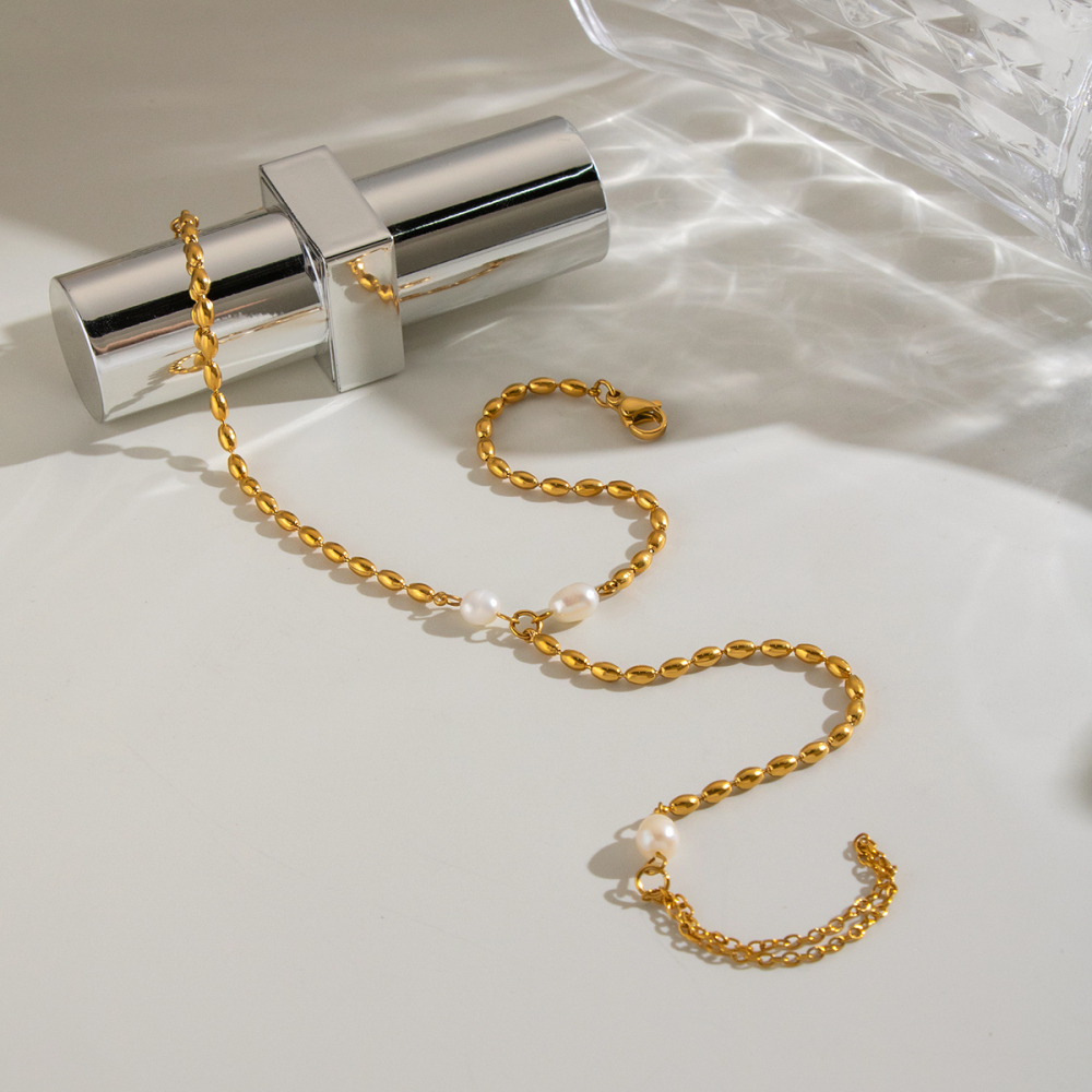 Chaîne De Main Pour Femme En Acier Inoxydable Doré, Perles D'Eau Douce, Étanche Image2