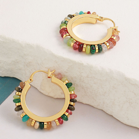 Boucles d'oreilles créoles pour femmes, perles rondes couleur cuivre doré et pierres naturelles