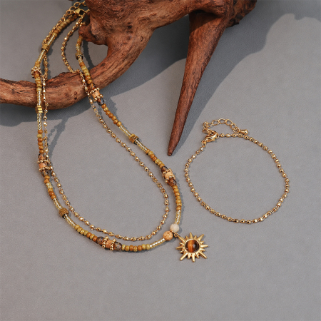 Ensembles de colliers pour femmes, collection rétro classique, perles soleil, pierres naturelles, couleur or