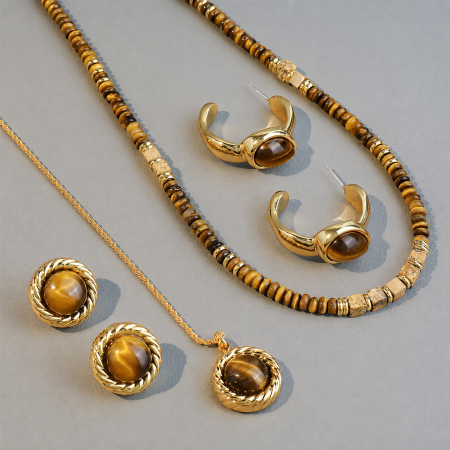 Ensembles de colliers pour femmes en pierres naturelles rétro couleur or, collection classique