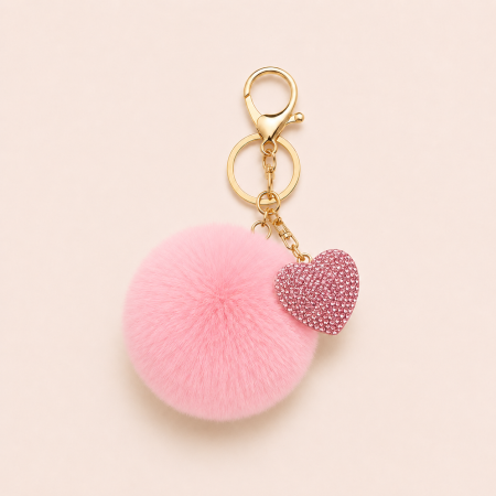 Porte-clés romantique Daily Heart en imitation fourrure et strass, couleur unie, collection Daily Heart.