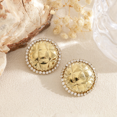 Boucles d'oreilles puces pour femmes, en acier inoxydable doré, imperméables, à motif tartan et ornées de strass, collection Luxueuse.