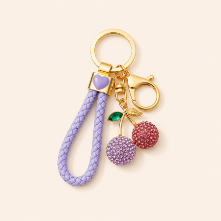 Porte-clés luxueux en alliage de strass, motif cerises multicolores, collection Sweet Mixed Cherry. 2