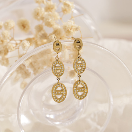 Boucles d'oreilles pendantes pour femme, forme géométrique, en acier inoxydable, étanches, couleur or, ornées de strass.