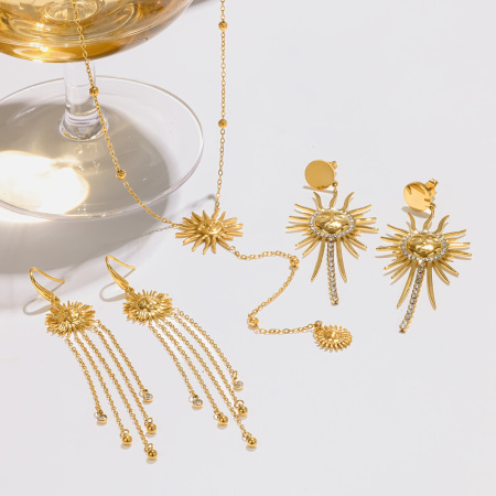 Ensemble de boucles d'oreilles pour femmes, style rétro, avec pompon soleil, en acier inoxydable étanche, couleur or et strass.