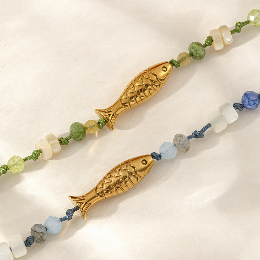 Colliers De Perles Pour Femmes, Ornés De Pierres Naturelles, En Acier Inoxydable Et En Forme De Poisson, Couleur Or Image4