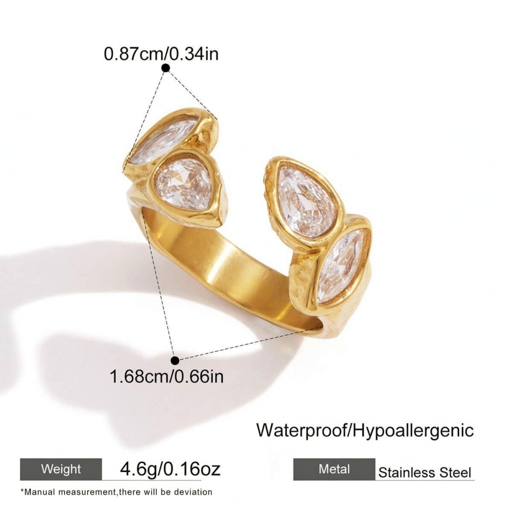 Bagues Pour Femmes En Acier Inoxydable Doré, Imperméables, Avec Zircon Et Motif Martelé De Forme Irrégulière Et Décontractée 