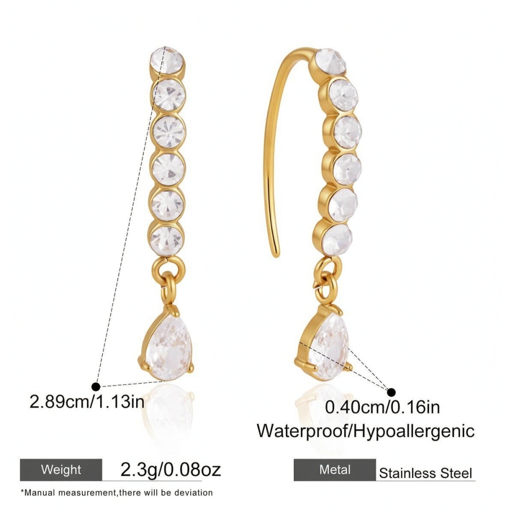 Boucles D'Oreilles Pendantes Pour Femme, Élégantes Et Raffinées, En Acier Inoxydable Doré, Ornées De Zirconiums Et D'Un Motif Goutte D'Eau. Collection Luxueuse. 
