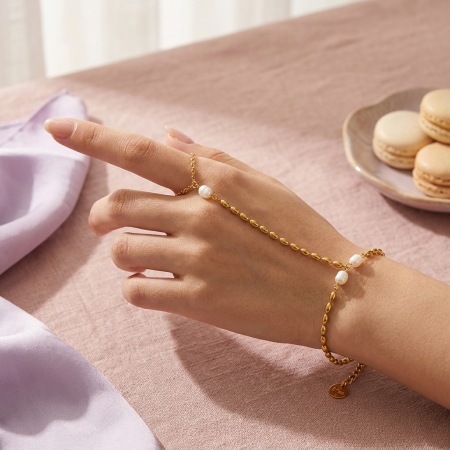 Chaîne de main pour femme en acier inoxydable doré, perles d'eau douce, étanche