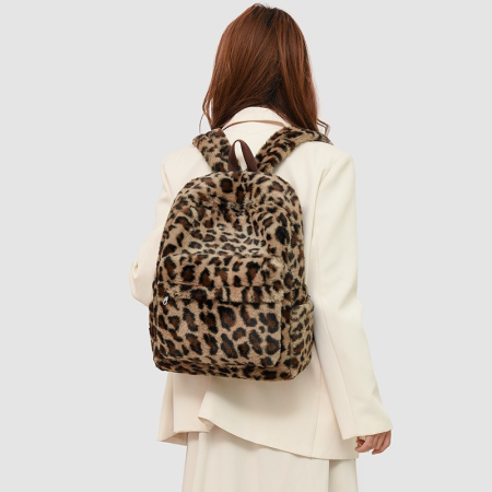 Sac à dos femme en fausse fourrure à carreaux imprimé léopard duveteux et multicolore, style décontracté 2