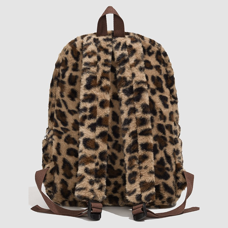 Sac À Dos Femme En Fausse Fourrure À Carreaux Imprimé Léopard Duveteux Et Multicolore, Style Décontracté h5Image5