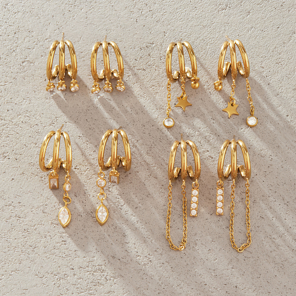 Boucles D'Oreilles Pendantes Pour Femme, Collection Luxueuse, Forme Irrégulière Décontractée, Pompon, Acier Inoxydable Étanche, Couleur Or, Zircon. Image2