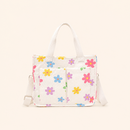 Sacs cabas carrés pour femmes en velours côtelé cerise à motif floral duveteux et lettres, style décontracté