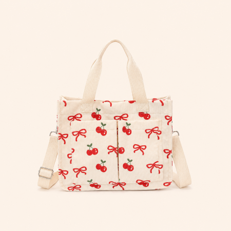 Sacs cabas carrés pour femmes en velours côtelé cerise à motif floral duveteux et lettres, style décontracté 2